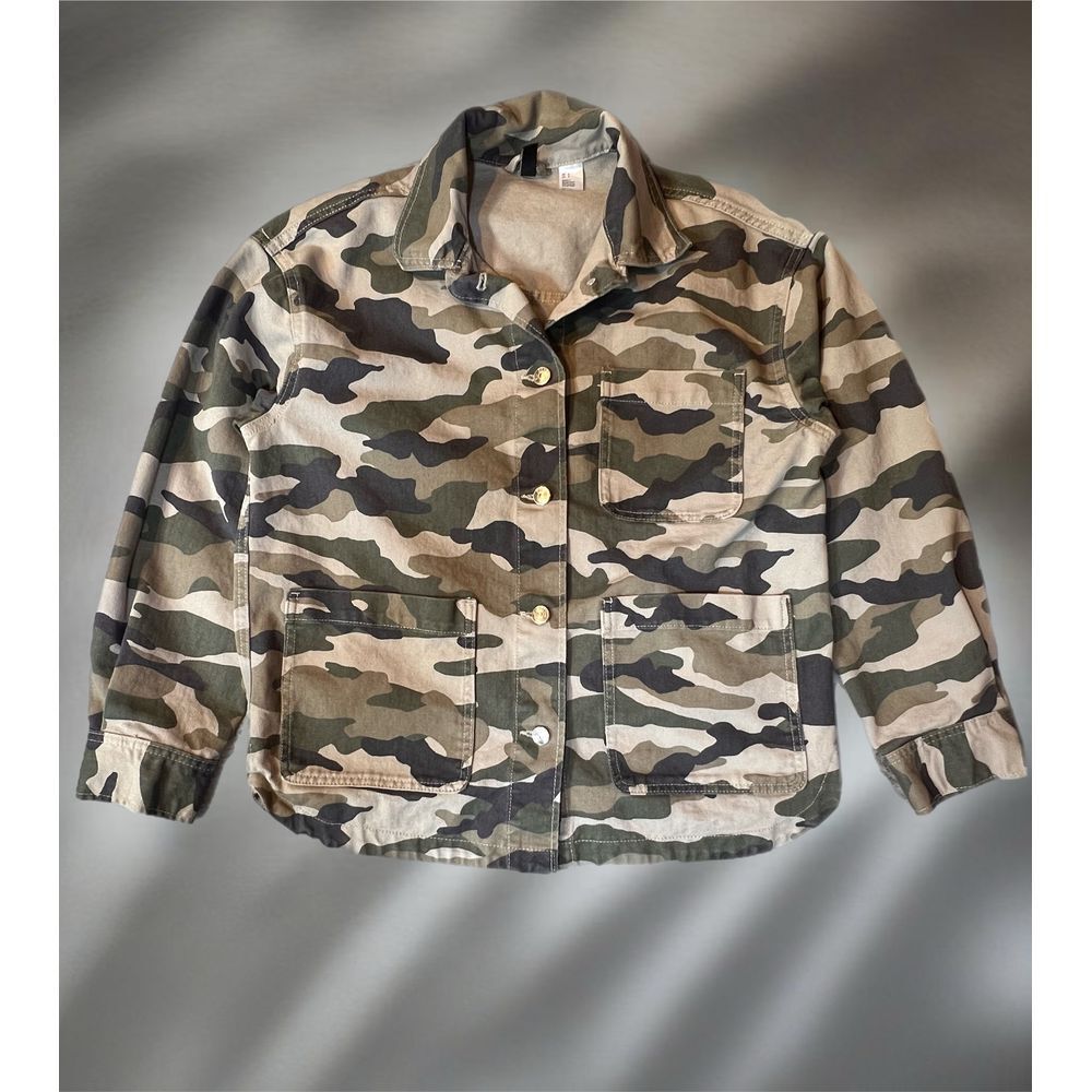 H&M Divided Camo Print Military Style Button Up Jacket Cotton Utility Shirt Sz S